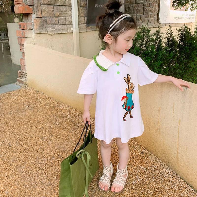 Đầm cotton dài giữa cổ áo polo in hình hoạt hình phong cách Hàn Quốc cho bé gái