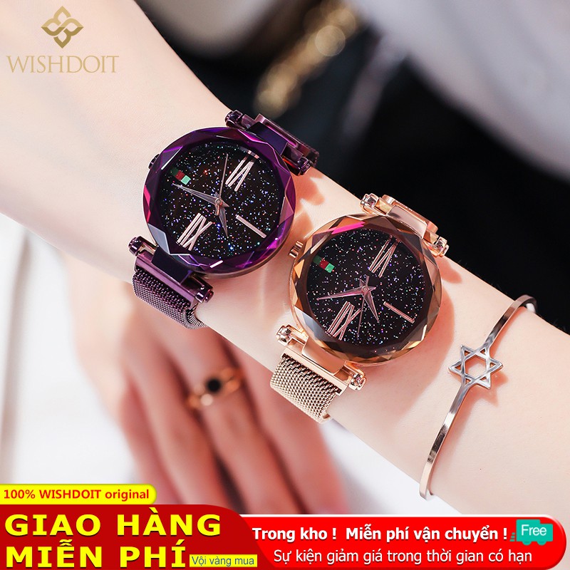 Đồng hồ thạch anh WISHDOIT dây đeo bằng lưới inox/da họa tiết bầu trời sao chống nước đơn giản giản dị dành cho nữ