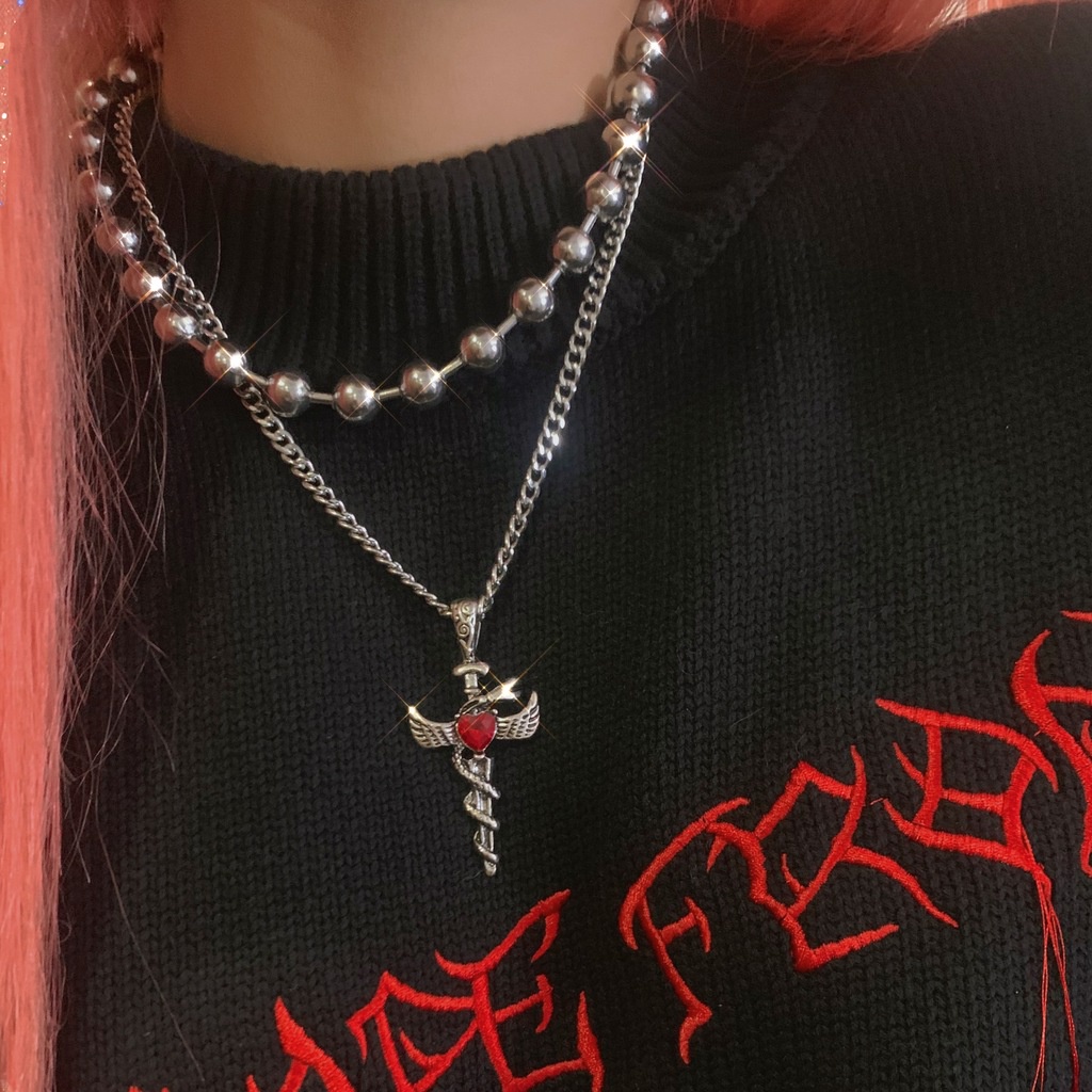 Dây chuyền mặt thánh giá màu đỏ phong cách punk độc đáo 19A1344