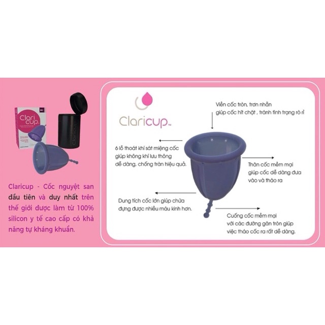 Cốc nguyệt san Claricup , hàng nhập khẩu Pháp - sạch sẽ, khô thoáng, thoải mái tự tin vận động trong ngày đèn đỏ