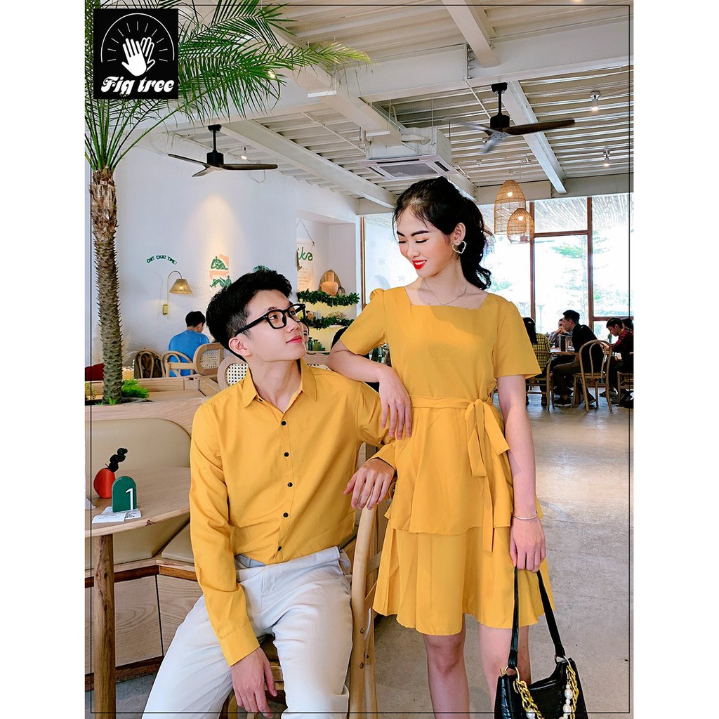 Set Áo Sơ Mi Váy Đôi FIGTREE Màu Vàng Tươi Sáng