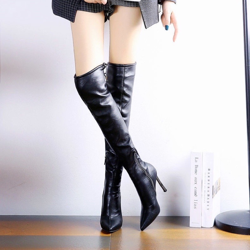 Boot Đùi Da Mềm Qua Gối Cao Cấp YIMI Gót Nhọn Đính Đá 9cm sang chảnh