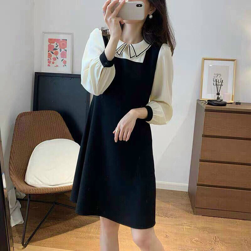 Đầm thời trang công sở,đầm đen tiểu thư phối tay trắng dài,cổ bèo nhọn phối viền, đầm học đường dáng xòe nhẹ xinh xắn
