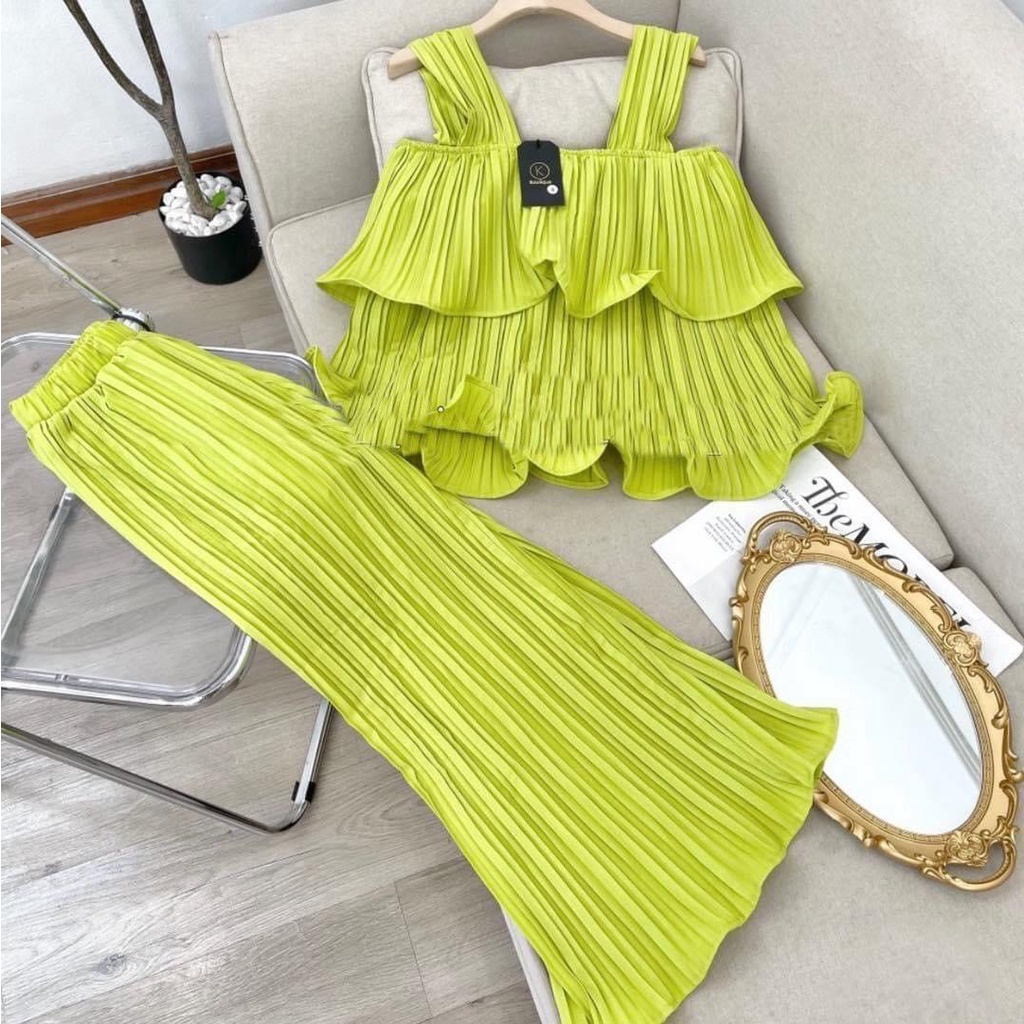 [10.10 Sale Freeship] Set bộ nữ xếp ly hai dây dáng xòe hai tầng, quần ống rộng dài thoải mái, set áo babydoll thoải mái