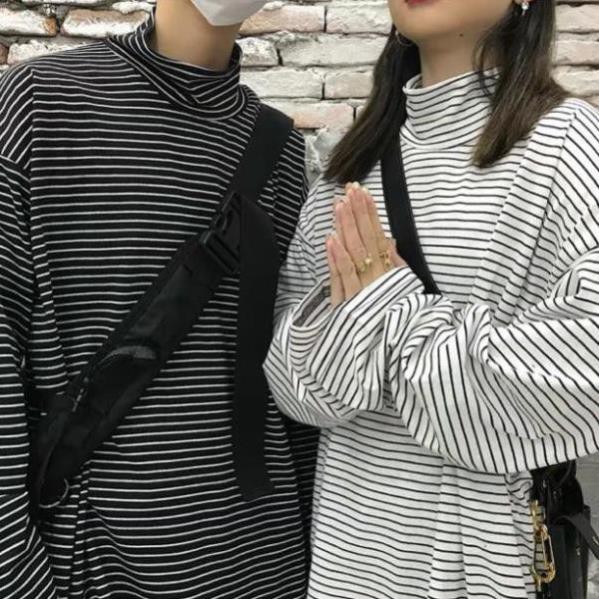 Áo thun cổ lọ ống rộng kẻ sọc ullzang dài tay, áo sweater unisex dài tay nam nữ thời trang