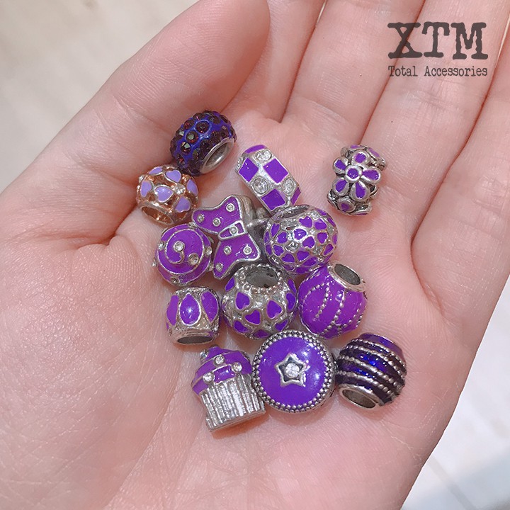 Hạt charm đá và hợp kim mạ bạc sắc Tím phong thủy phù hợp với tất cả vòng tay xỏ hạt của XTM (XTM – DCT)