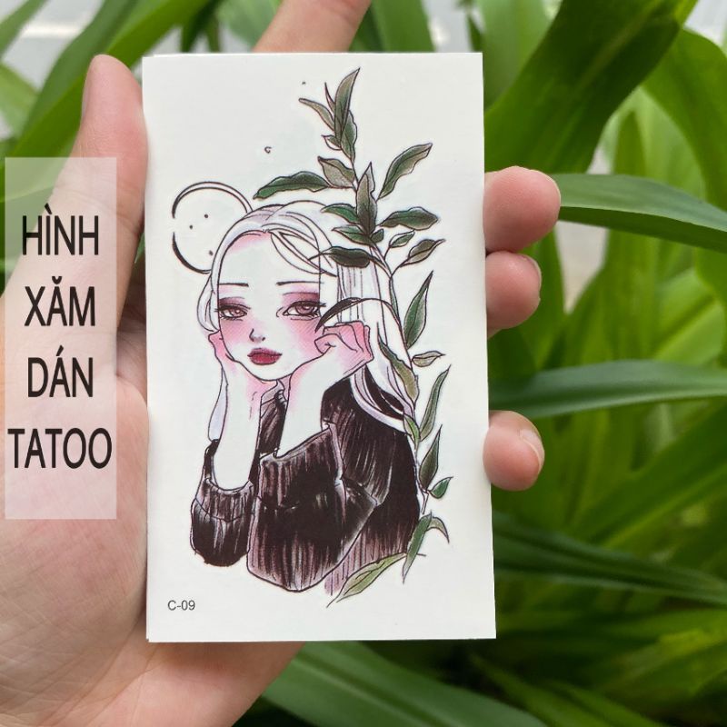 Hình xăm cô gái tóc bạch kim c09. Tatoo dán tạm thời size &lt;10x6cm