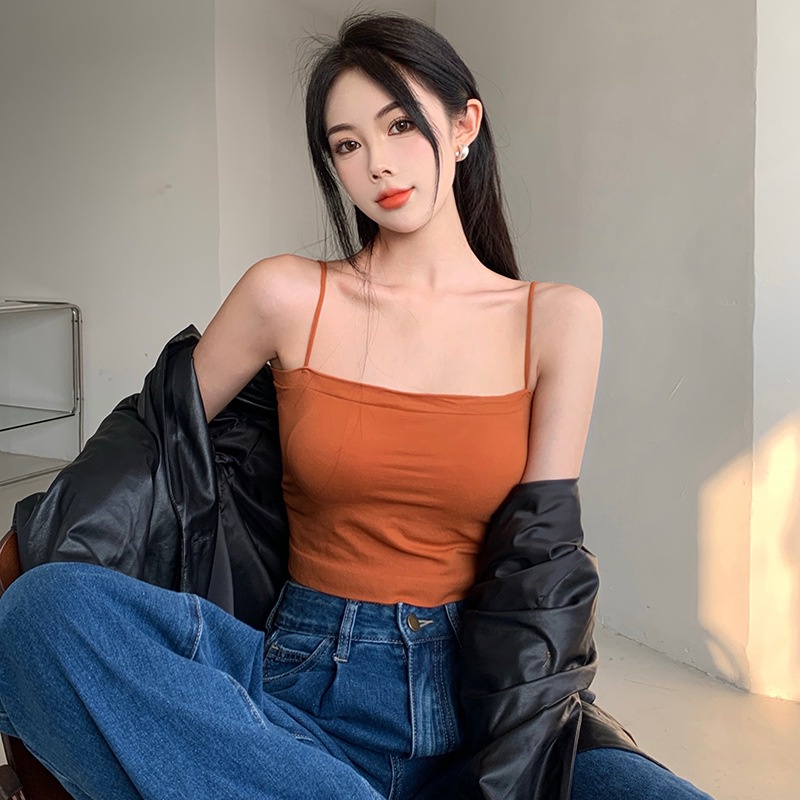 Áo Crop Top Hai Dây Có Mút Đệm Màu Sắc Trơn Phong Cách Hàn Quốc Thời Trang Cho Nữ
