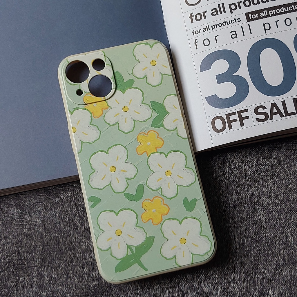 Ốp lưng Iphone viền vuông hoa cúc trắng nền xanh lá 7plus/8/8plus/x/xr/xs/11/12/13/pro/max/plus/promax - Tomax Case