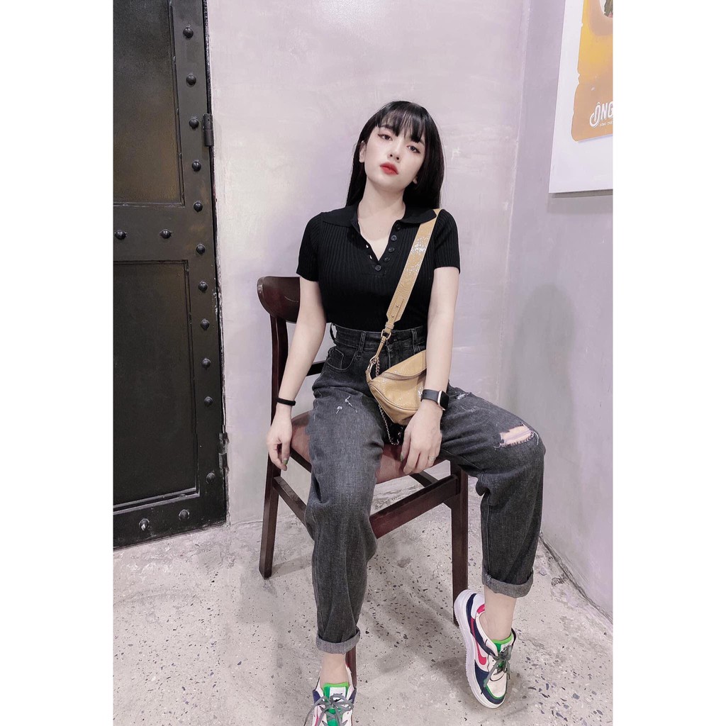 Áo len mỏng cổ đức cúc ngực