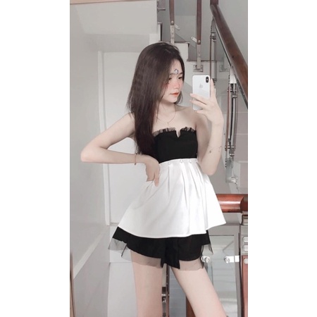 SET ĐẦM TRẮNG XOÈ XẾP LI PHỐI CÚP NGỰC VOAN ĐEN NƠ LƯNG + CHÂN VÁY ĐEN