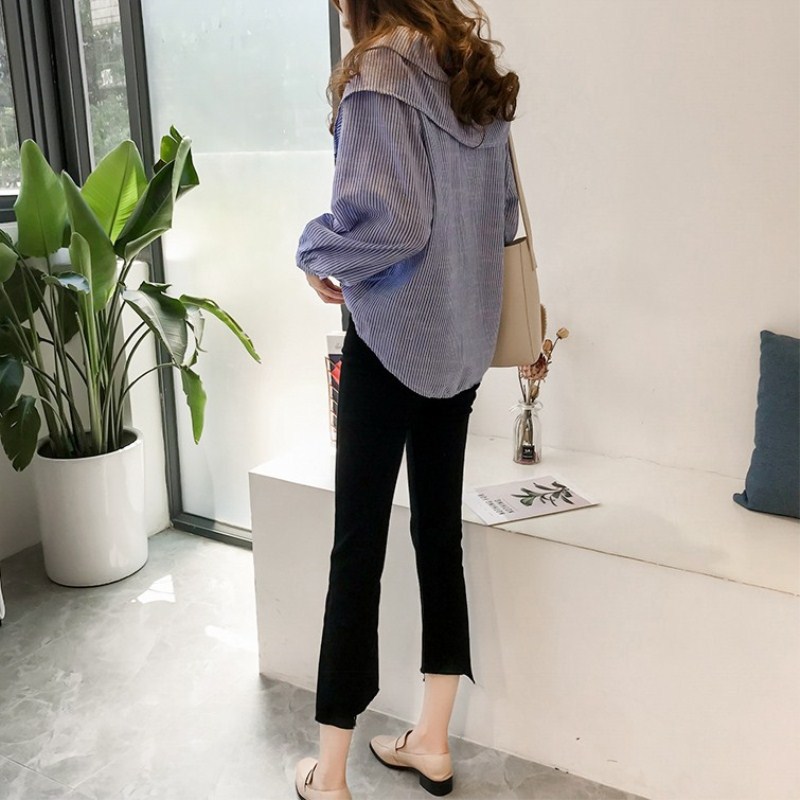 THEODORA M-3XL Peter pan collar tie strap long sleeve stripe women shirt Fashion pleated irregular office lady blouse Retro pullover women tops