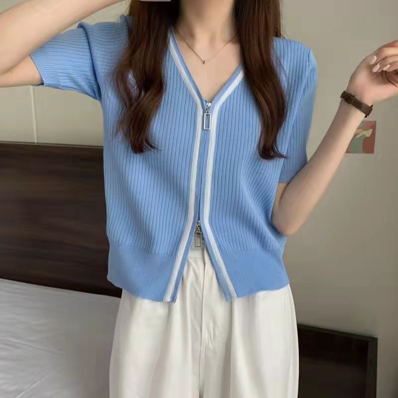 Áo cardigan ZHELIHANGFEI dệt kim tay ngắn cổ chữ V phối màu tương phản thời trang mùa hè 2022 cho nữ