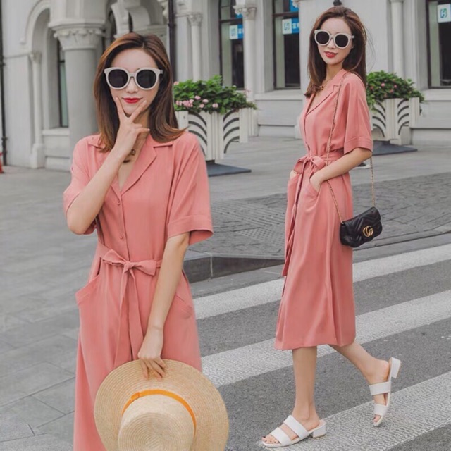 Đầm váy hồng 2 túi - form to