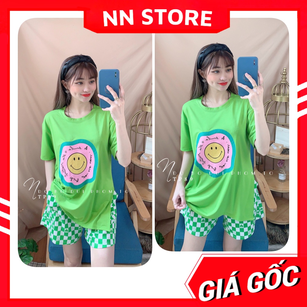 Đồ bộ thun đùi phom to cho nữ mặc nhà chất thun mềm mát in hình xẻ tà phối quần caro dễ thương TP89