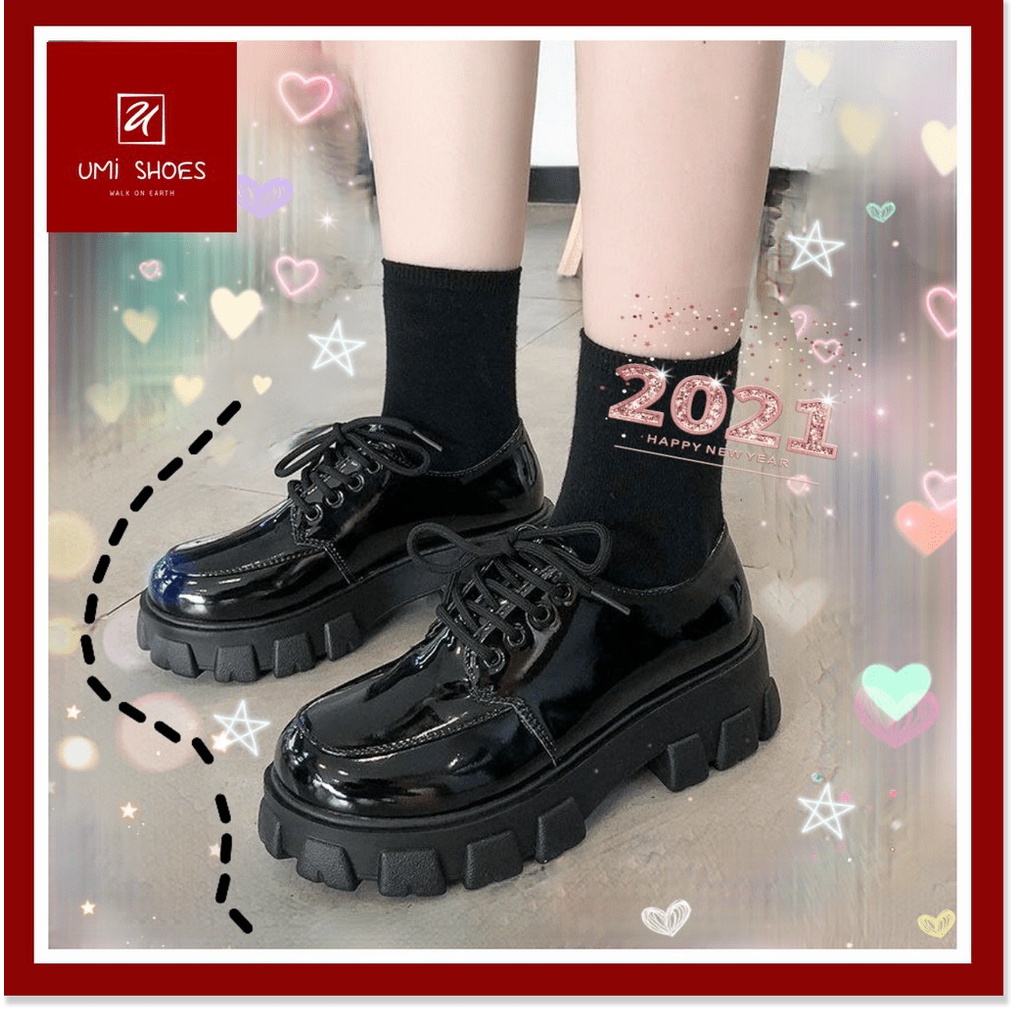 💖 Giày bốt ulzzang gót vuông đế bự to dày mũi vuông phong cách Nhật Bản bóng/trơn màu đen tăng chiều cao mới hot