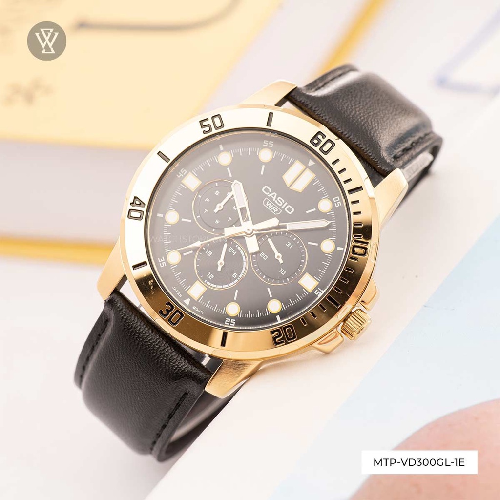 Đồng Hồ Quartz Nam Casio WATCHSTORE MTP-VD300GL-1EUDF Mặt Kính Khoáng 45mm, Dây Da Đen Thiết Kế Sang Trọng, Hiện Đại