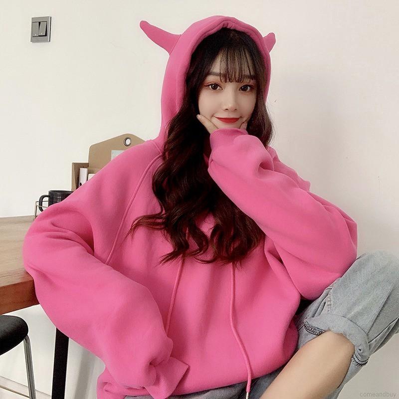 Áo Hoodie Dày Dáng Rộng Màu Trơn Thời Trang Thu Đông Cho Nữ