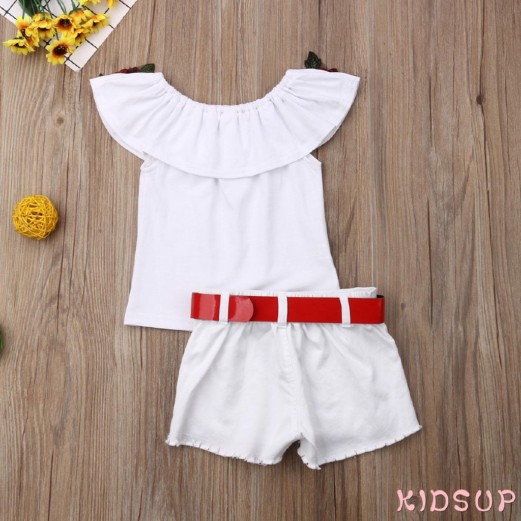 Set áo hoa trễ vai nhún bèo + quần short denim phối rách hợp thời trang mùa hè cho bé gái