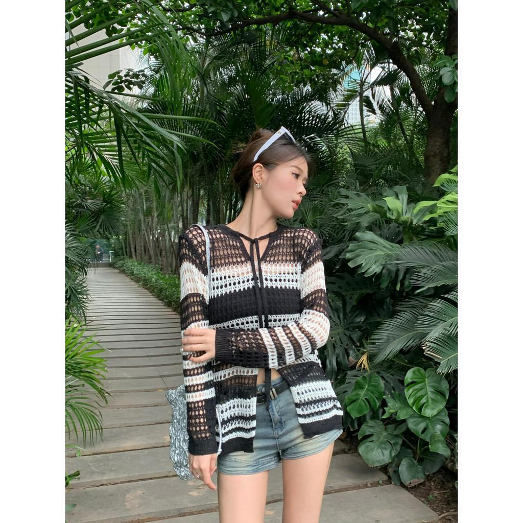 HUANG YOYO Áo croptop Áo Nữ Tay Dài Kẻ Sọc Cổ Chữ V Thời Trang