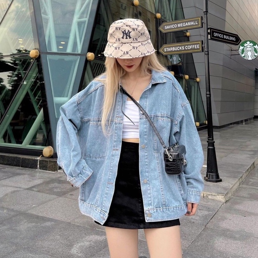 Áo Khoác Bò Khoác Denim Dáng Rộng Dài Tay Oversize Chất Jeans Trơn Basic Đẹp - Hanju