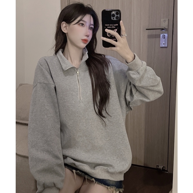 Áo Thun Tay Dài Có Dây Kéo Form Rộng Theo Phong Cách Preppy Dễ Phối Đồ