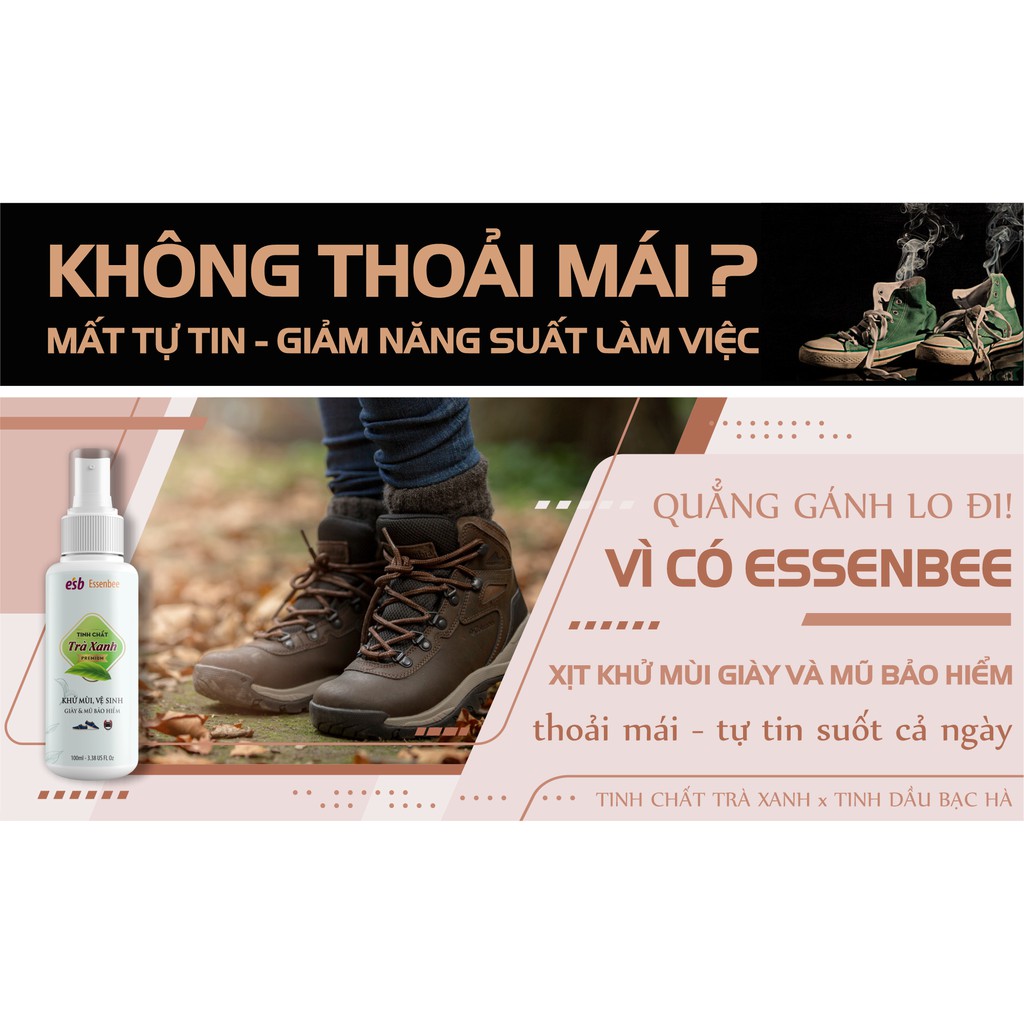 Xịt khử mùi giày, mũ bảo hiểm Trà xanh - Essenbee (100ml) - Giúp vệ sinh và khử mùi giày dép hiệu quả tức thì