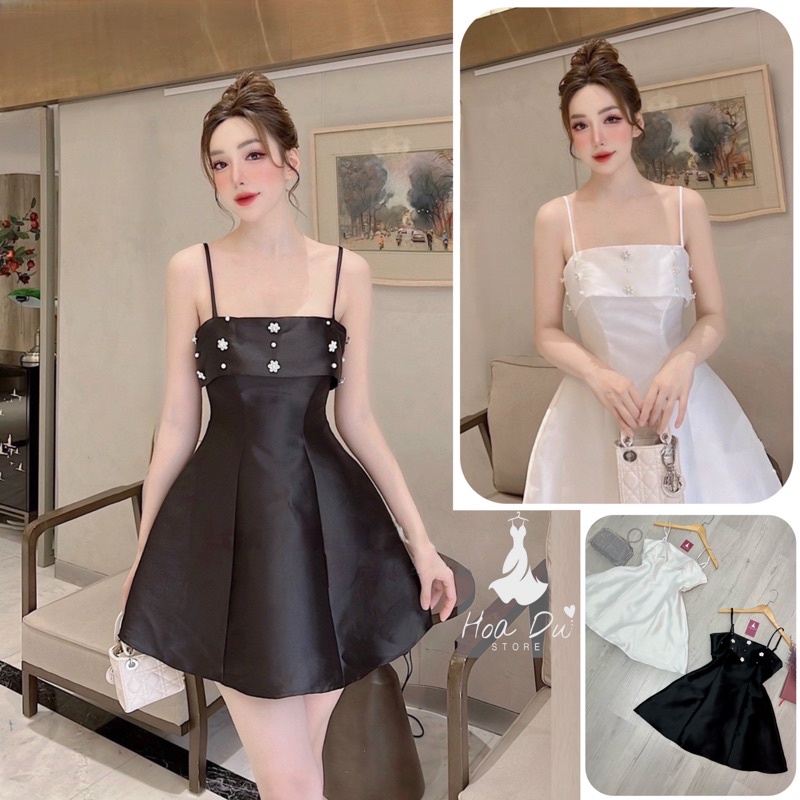 Hàng cao cấp Đầm 2 dây kết hoa nhí đính đá sang chảnh, chất vải Tapta lót lụa siêu đẹp