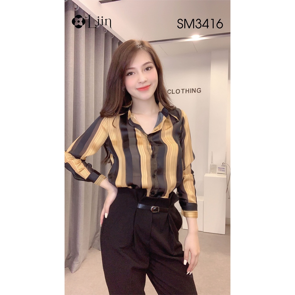 Áo sơ mi Tơ Đen phối Sọc thiết kế dài tay chất liệu lụa trượt cao cấp Liin Clothing SM3416