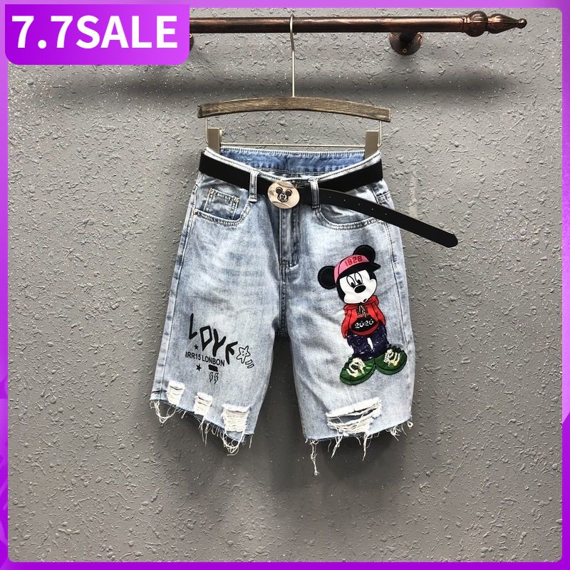 Mickey stickers tattered cropped jeans women's summer high waist versatile straight pants fashion cartoon pattern pants