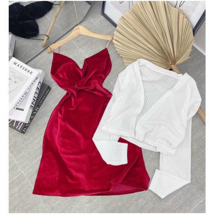 Đầm 2 dây có mút ngực chất vải Nhung+áo khoác chất vải Gân siu đẹp cam kết hàng y hình kèm ảnh chính chủ ( Size từ 40-53