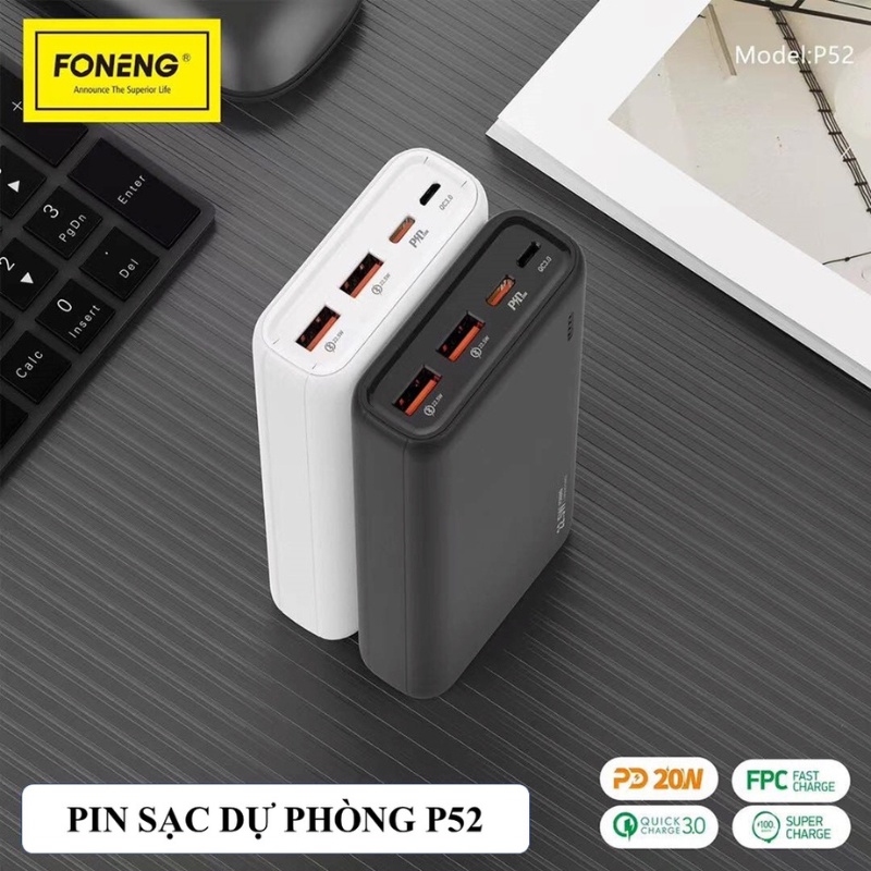 Sạc Pin Dự Phòng Foneng Flagship 20.000mAh P52- Sạc Nhanh PD 22.5W - Chính hãng Bảo Hành 12 Tháng