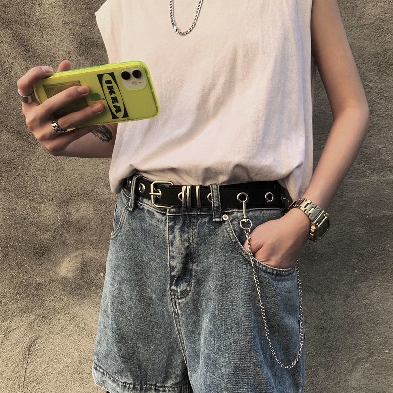 Thắt lưng da PU 22534 thiết kế đục lỗ phối dây xích thời trang punk dễ phối đồ cho nam và nữ