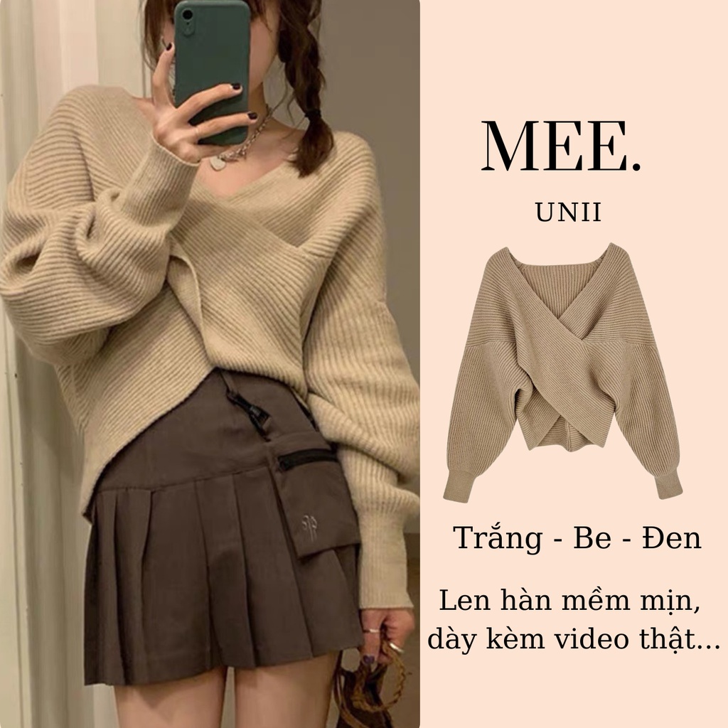 [ VIDEO THẬT] Áo len cổ chữ V trễ vai gợi cảm MEE.Unii,áo len kiểu vạt chéo phong cách hàn quốc màu trắng nâu đỏ