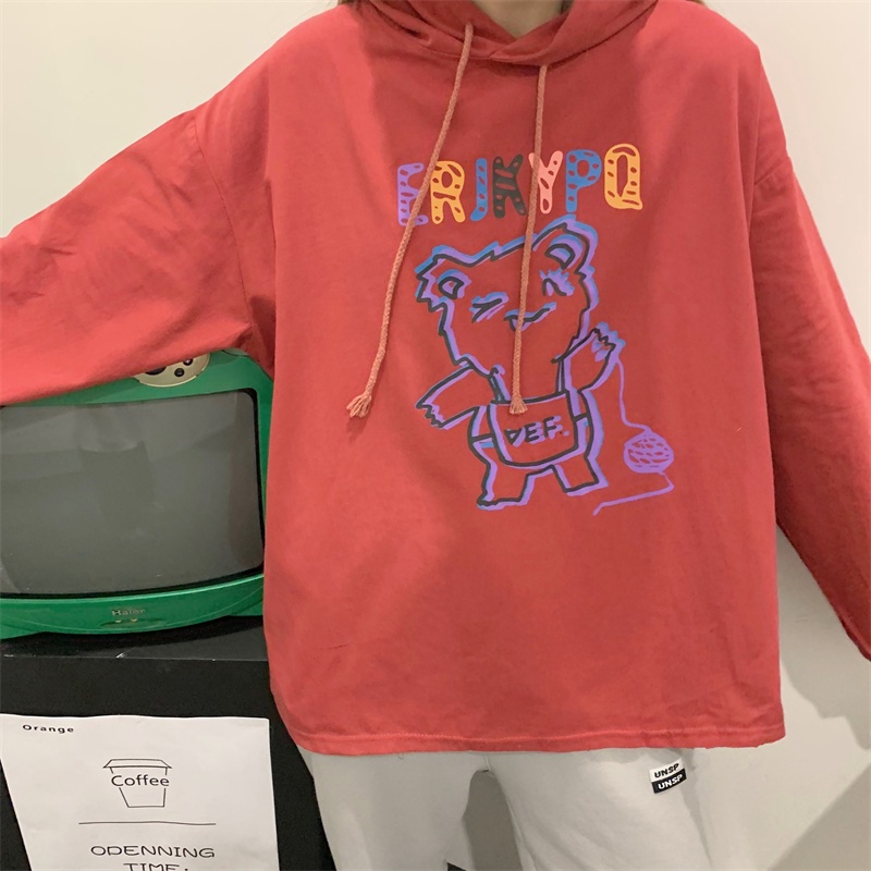 【ZHELIHANGFEI】Áo Hoodie Tay Dài Form Rộng Họa Tiết Gấu