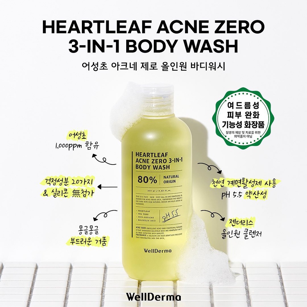 Sữa Tắm Cây Diếp Cá Ngừa Mụn WellDerma Heartleaf Acne Zero Body Wash 250ml