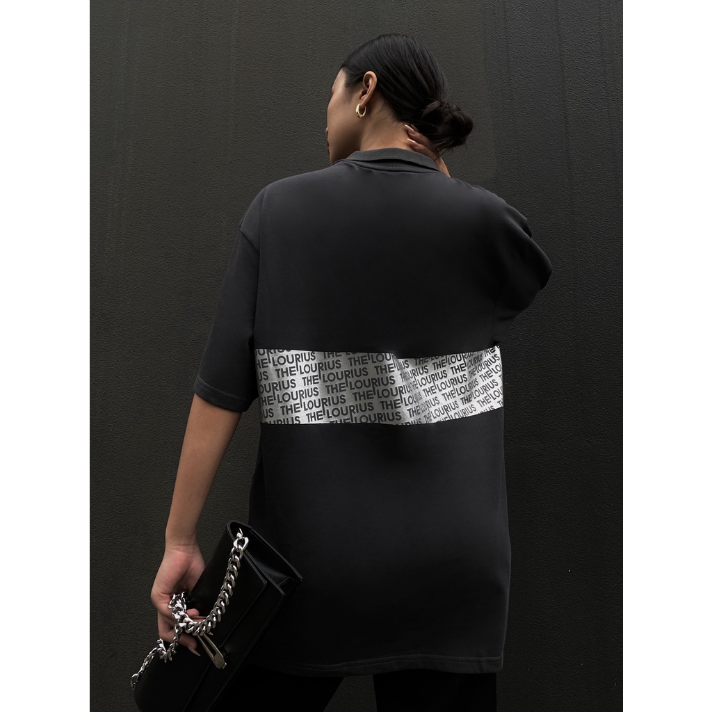 Áo POLO LOGO 2 Màu Đen, Xám In Mảng Nhũ Nổi Bật Unisex Oversize