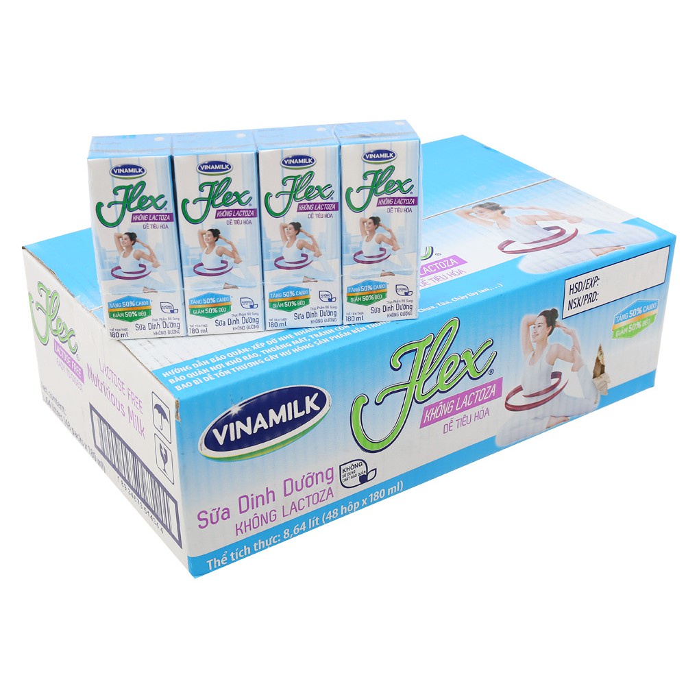 Thùng sữa tiệt trùng không Lactoza Vinamilk Flex Không đường hộp 180ml (48 hộp)