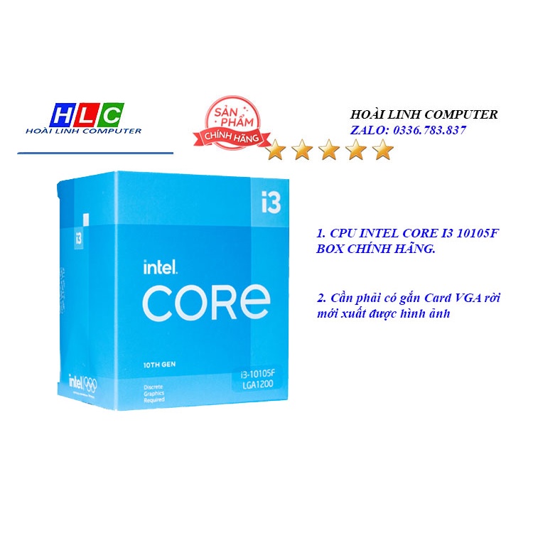 CPU Intel Core i3 10105F Box chín hãng (3.6GHz turbo up to 4.3Ghz, 4 nhân 8 luồng, 6MB Cache, 65W)