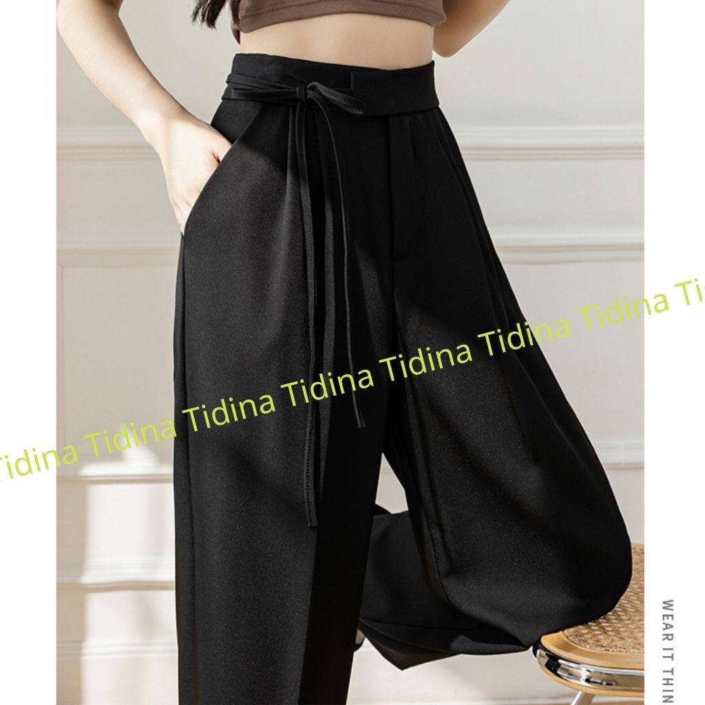 Quần Tây Ống Rộng Ulzzang thắt lơ 1 bên xinh quần ống rộng nữ suông lưng cao khóa trước TIDINA Q1