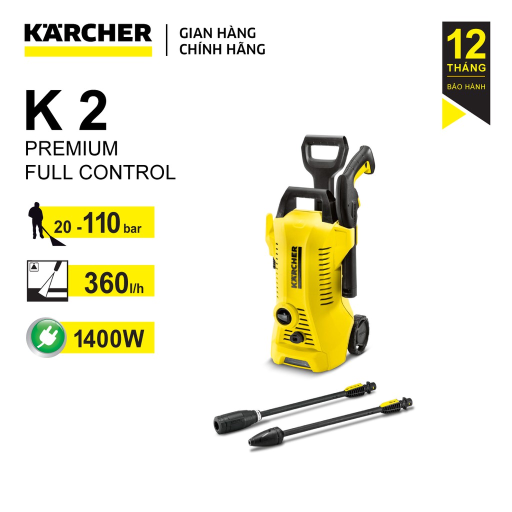 (Sản xuất Đức) Máy xịt rửa xe Karcher K2 Premium Full Control động cơ chổi than công suất 1400w áp lực 20-110 bar