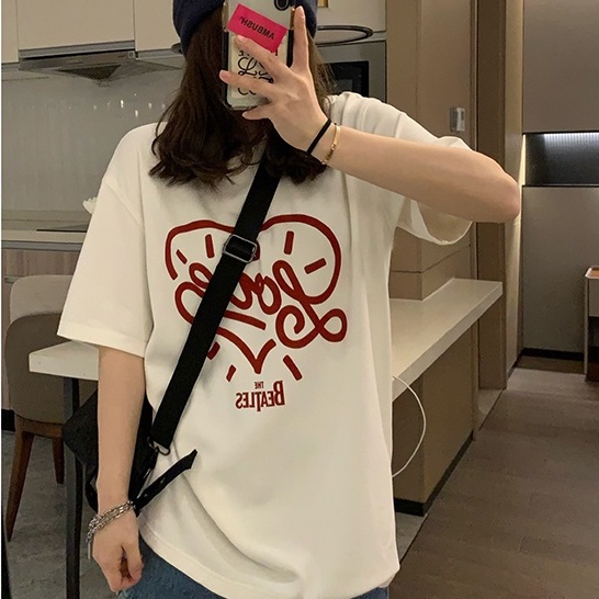 Áo Thun Ngắn Tay Cổ Tròn In Họa Tiết Đơn Giản Thời Trang Hàn Quốc Cho Nữ