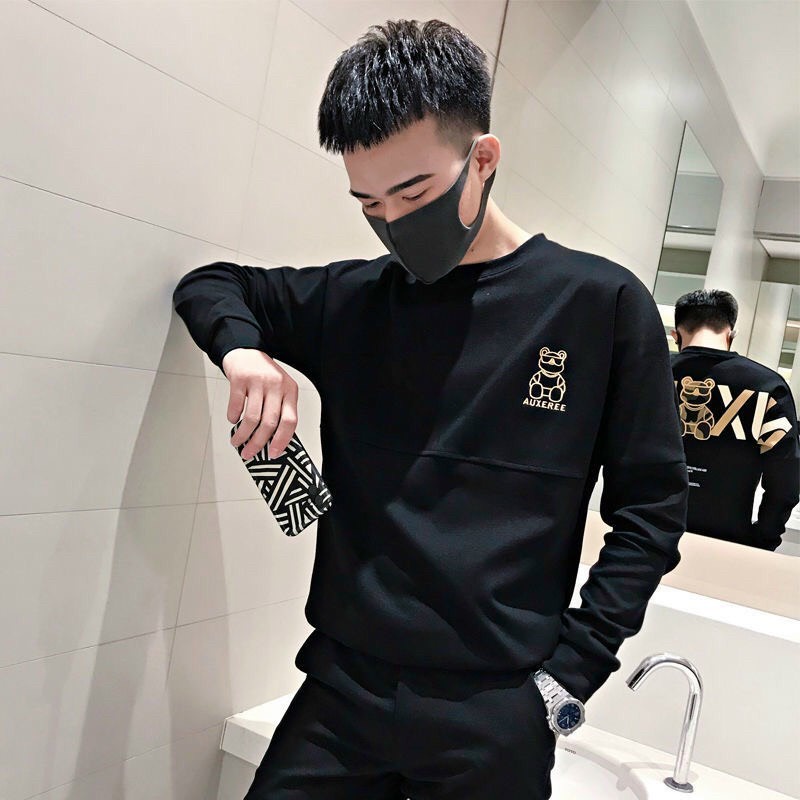 Áo nỉ nam thu đông dài tay thêu hình gấu from rộng Hàn Quốc