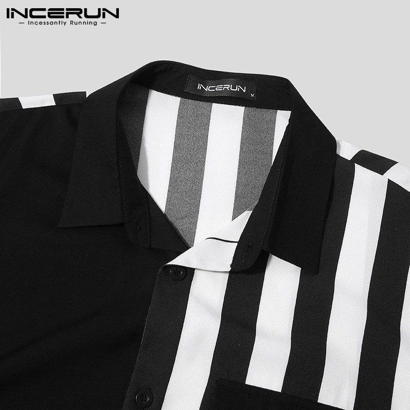 Áo Sơ Mi INCERUN Tay Dài Họa Tiết Kẻ Sọc Phối Màu Trắng Đen Thời Trang Cho Nam