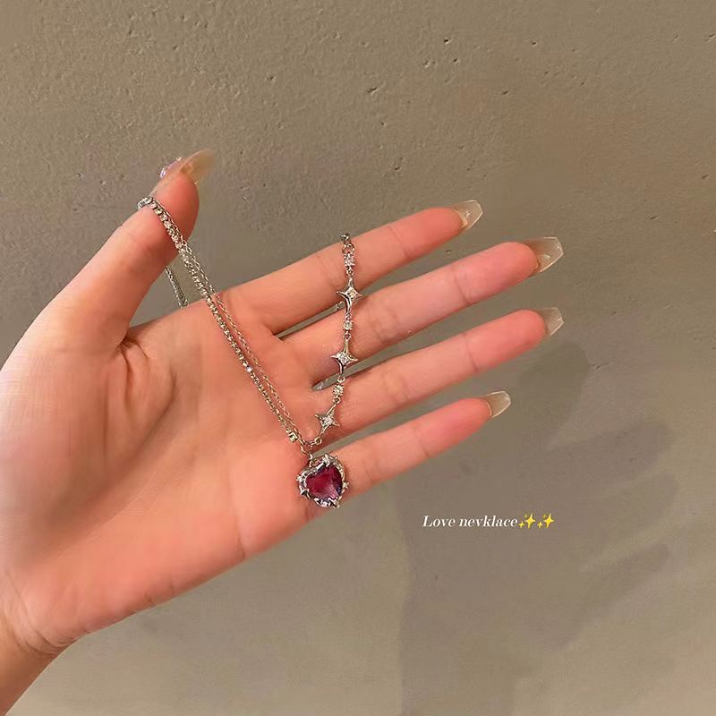 Vòng cổ Mặt Trái Tim Đính Đá zircon Hồng Phong Cách Hàn Quốc