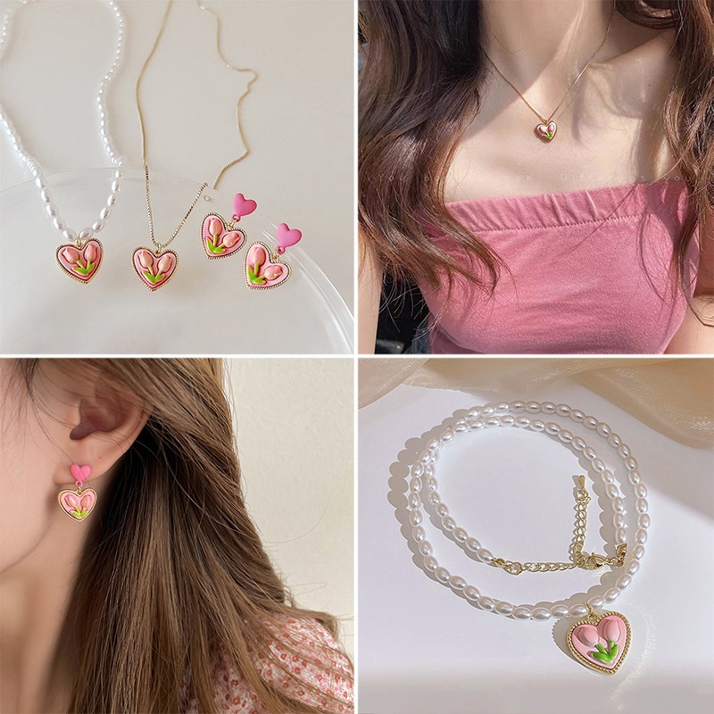Set Vòng cổ Mặt Trái Tim Hoa Tulip Dễ Thương Xinh Xắn Thời Trang