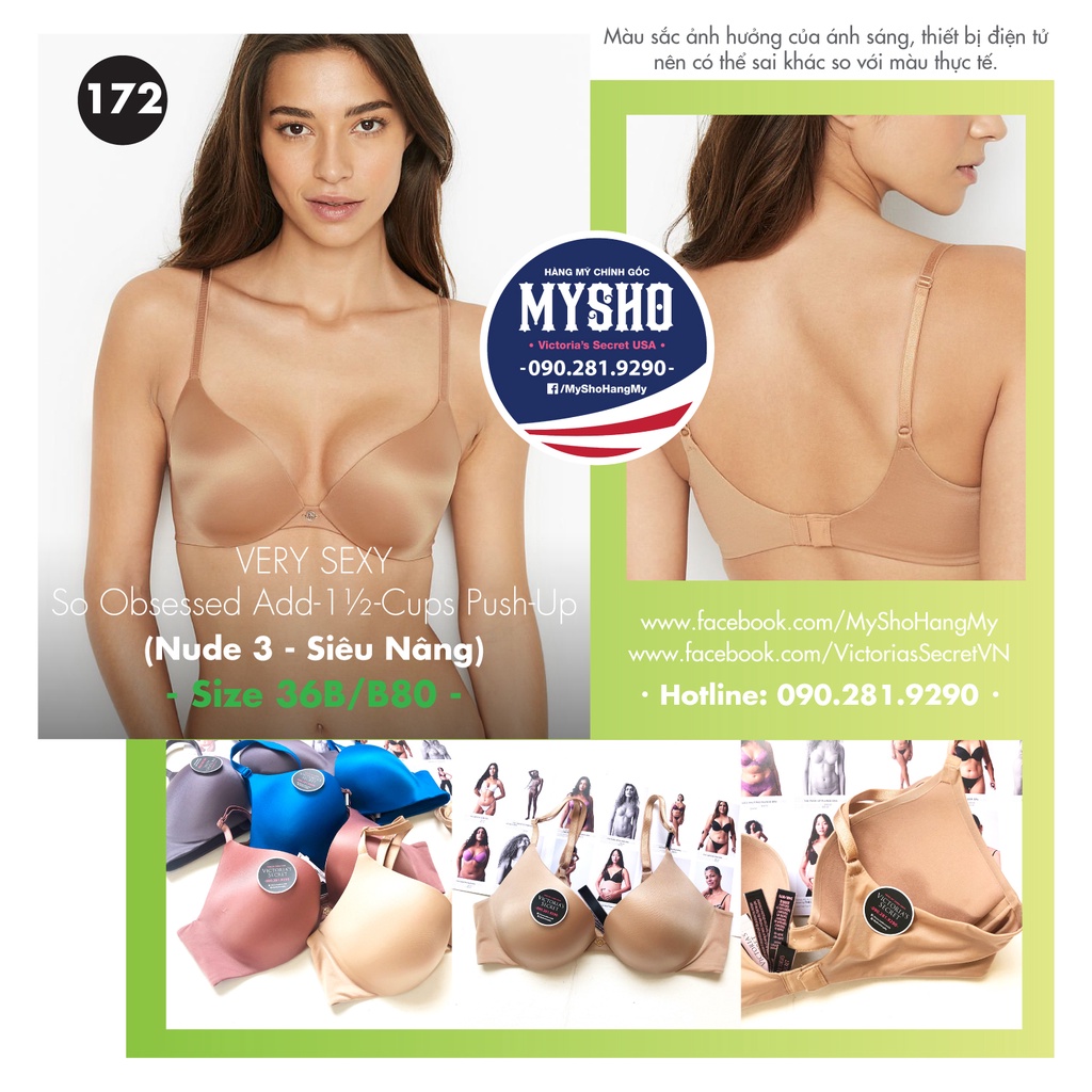 36B, B80 - Áo lót nude siêu nâng ngực  add 1 1/2 cups, dòng So Obsessed Nude - Victoria's Secret USA