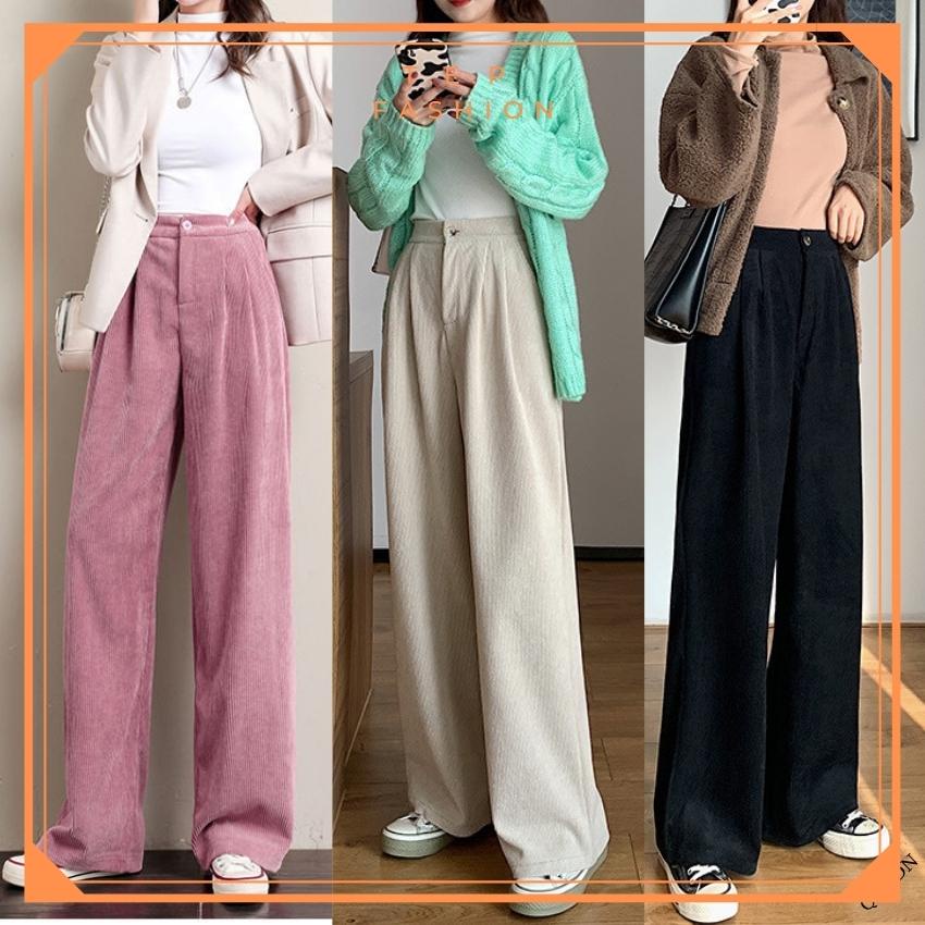 Quần Ống Rộng Nữ Dài Vải Nhung Tăm Cạp Khóa Lưng Cao Thời Trang Hàn Quốc Tep Fashion - QOR001