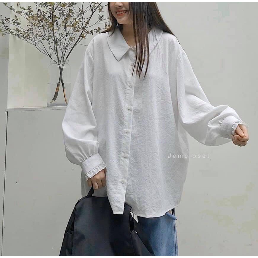 Áo sơ mi nữ dài tay basic trắng đũi cổ tròn form rộng unisex/ Áo sơ mi học sinh oversize tay bồng thanh lịch