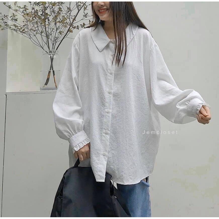 [ XẢ ]Áo sơ mi nữ tay bồng trắng đũi cổ tròn dáng rộng unisex/ Áo sơ mi học sinh oversize thời trang hàn quốc_ranstore